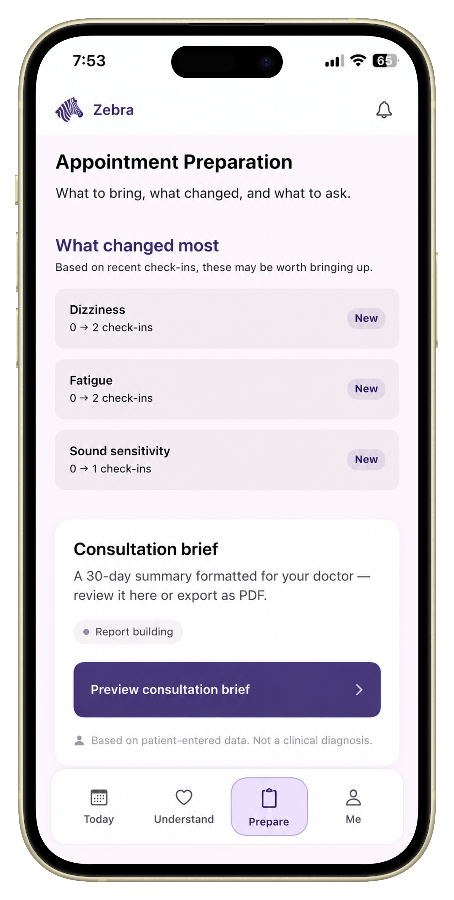 Zebra doctor-ready report and appointment preparation screen showing changed symptoms, a consultation brief preview, and patient-entered history for a specialist visit.