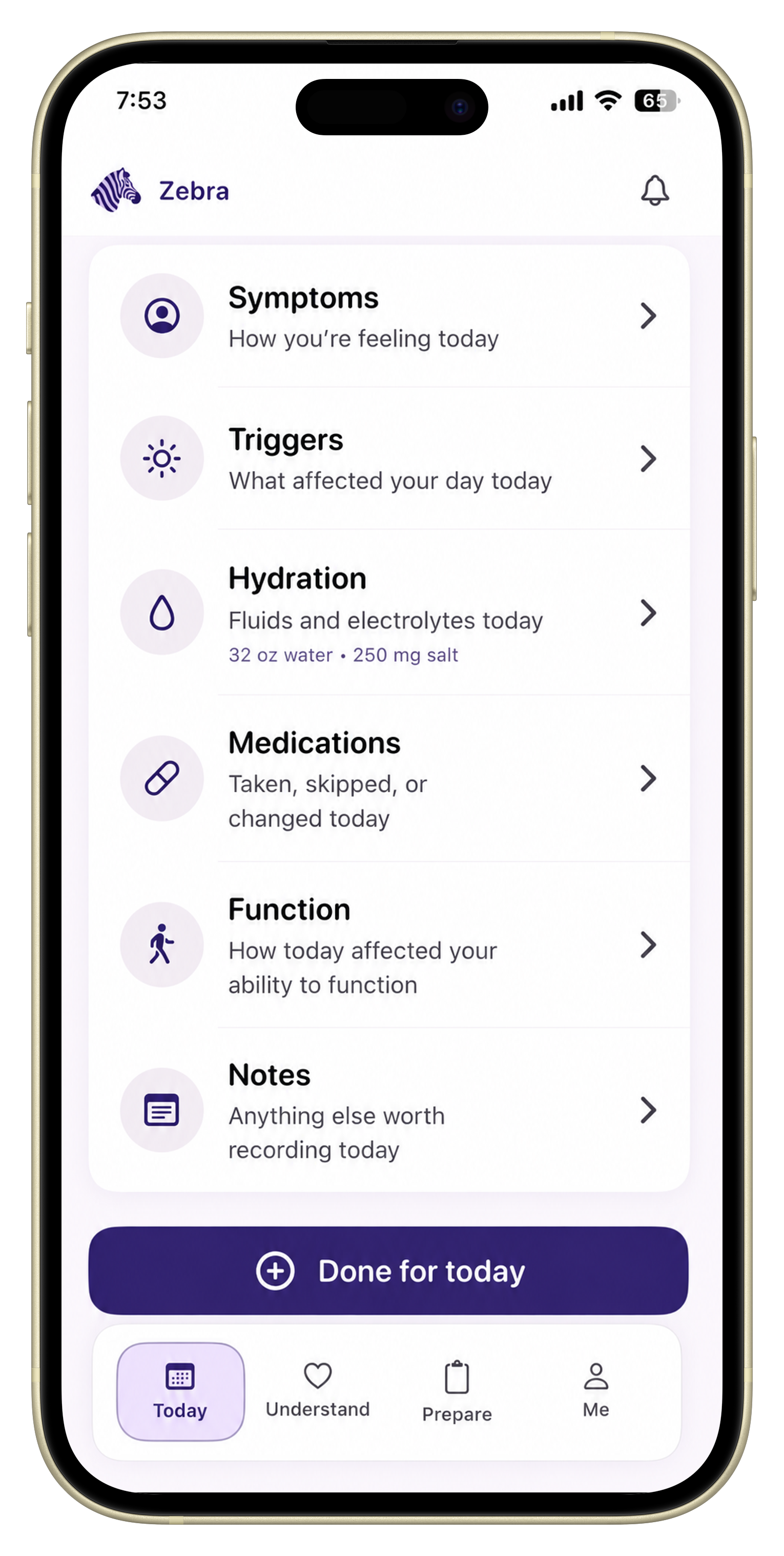 Zebra iPhone symptom tracker check-in for POTS, dysautonomia, EDS, and Fibromyalgia showing symptoms, triggers, hydration, medications, and notes in one record.