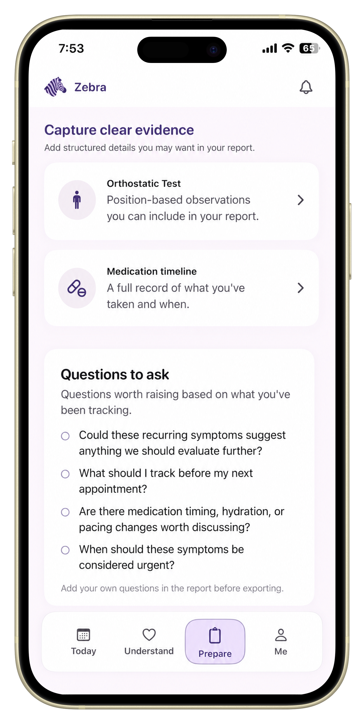 Zebra appointment preparation screen showing orthostatic test evidence, medication timeline details, and questions to ask before an appointment.