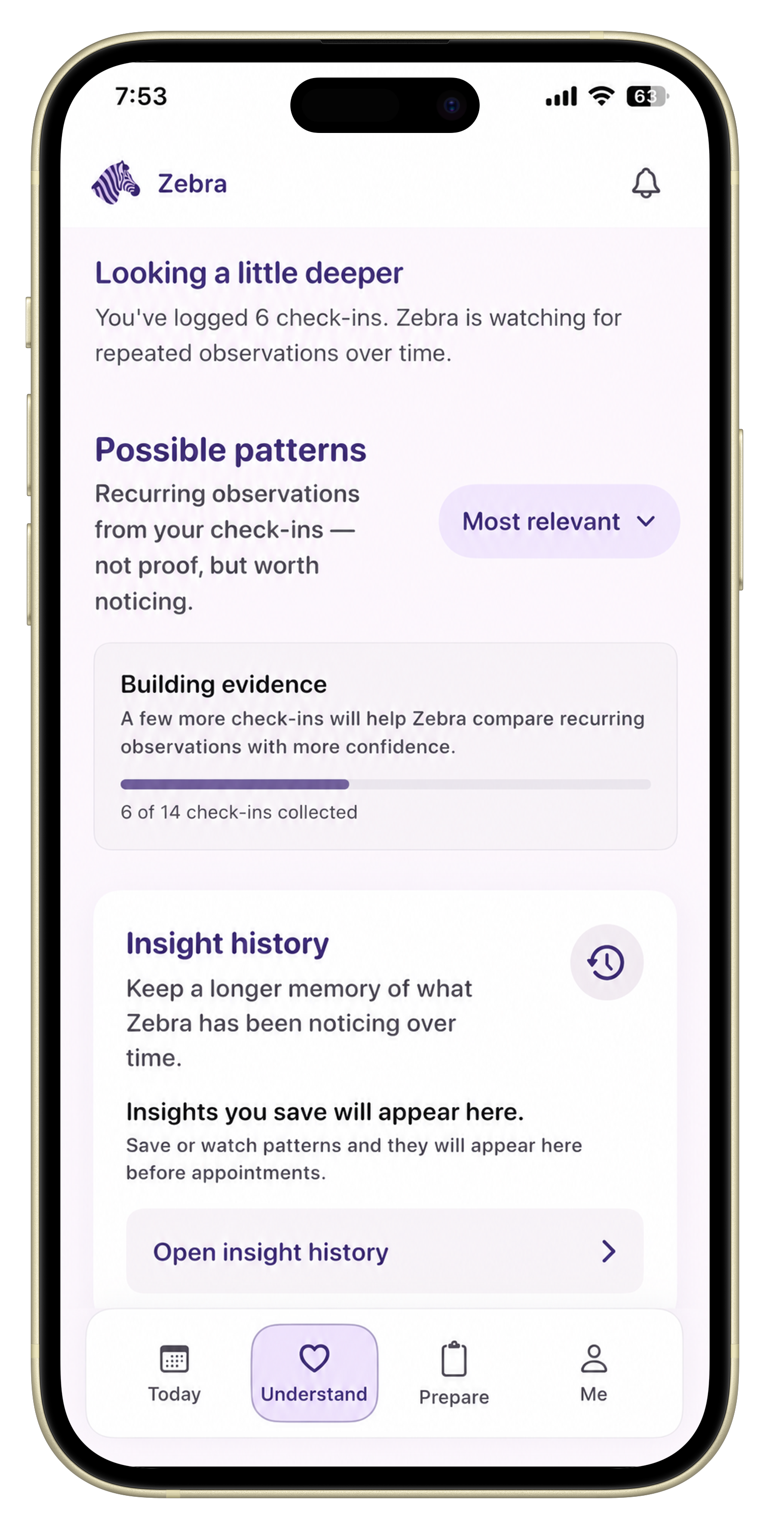 Zebra symptom insight history screen showing possible patterns, evidence building progress, and saved insights over time.