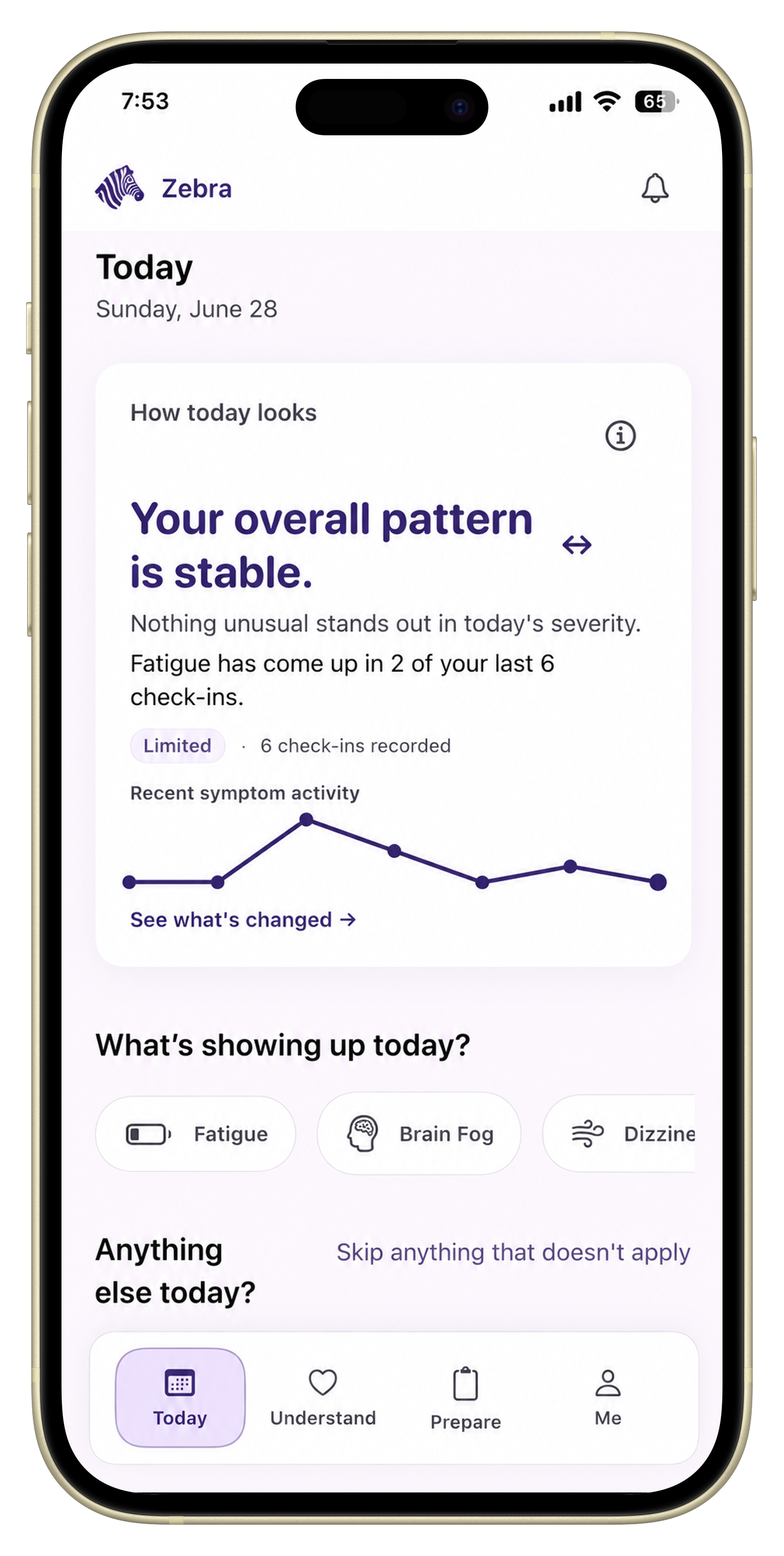 Zebra symptom summary screen showing an overall pattern card, recent symptom activity graph, and current-day symptom chips.